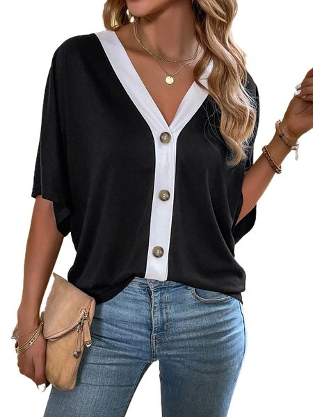 

contrast trim batwing sleeve tee 73qt#, White