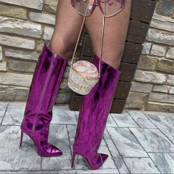 

mirror boots runway stilettos pointed toe women high candy colors heels shoes side zipper long botas mujer 2022 220729, Black