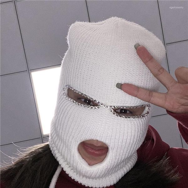 Shining Diamond Balaclava Face Mask Donna Rosa Sport Pile lavorato a maglia Freddo Sci per uomo e cappello a tre fori Beanie/Skull Caps Eger22