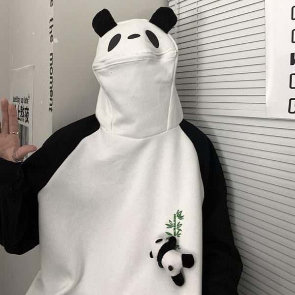 Moletons masculinos moletons moletons outono panda bordado de bordado de boneca solta kawaii pullovers de pelúcia 2022 moda indie y2k de grandes dimensões