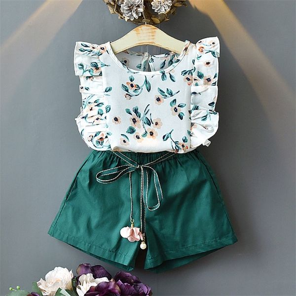 

girls clothing ruffle sleeveless t shirt skirt 2pcs sets baby clothes chiffon flower print toddler outfits children a402 220620, White