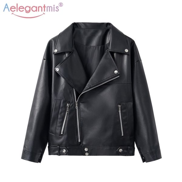 

aelegantmis new loose pu faux leather jacket women classic moto biker jacket spring autumn lady basic coat plus size outerwear lj200825, Black