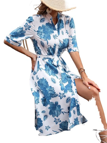 

floral print belted shirt dress a9c4#, Black;gray
