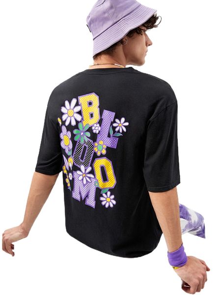 

men floral & letter graphic drop shoulder tee 070s#, White;black