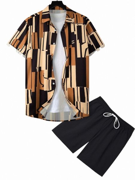 

men random geo print shirt & drawstring waist shorts without tee t6z5#, Gray