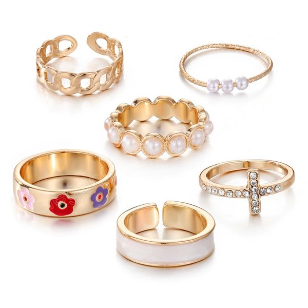 

golden metal pearl women's ring flowers crystal cross geometric finger rings set charm fashion jewelry gifts, Silver