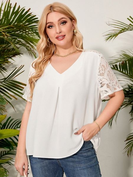 

plus solid contrast lace v neck blouse u6ov#, Black