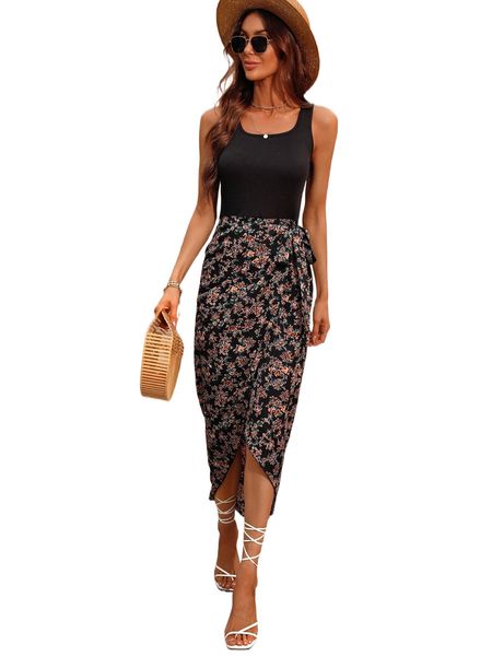 

floral print tie side wrap hem dress j08a#, Black;gray