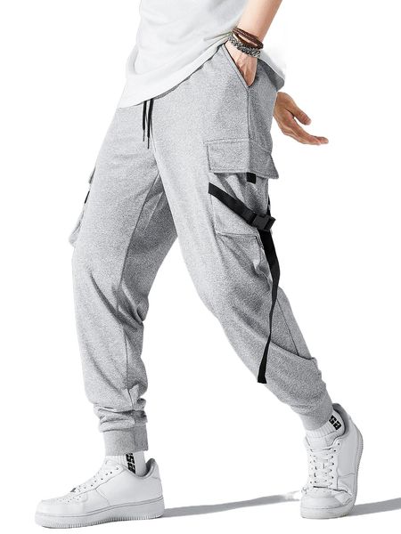 

men buckle detail flap pocket side sweatpants 24oz#, Black