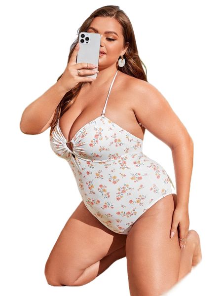 

plus ditsy floral print heart ring linked halter one piece swimsuit a9wd#, White;black