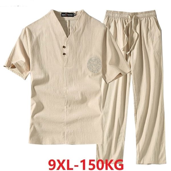 Abbigliamento da uomo Tuta di grandi dimensioni Marito Abito estivo Maglietta di lino Moda Uomo Set Stile cinese 8XL 9XL più Due pezzi 220621