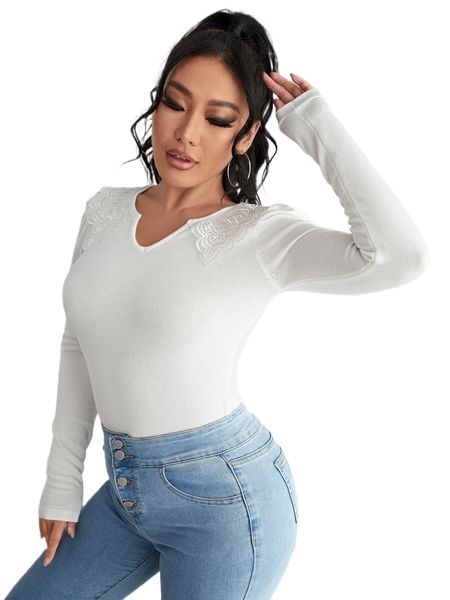 

notched neck embroidery mesh trim sweater a1sc#, White;black