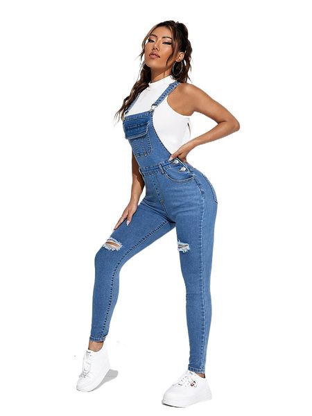 

ripped flap pocket denim overalls without t5ia#, Black;white