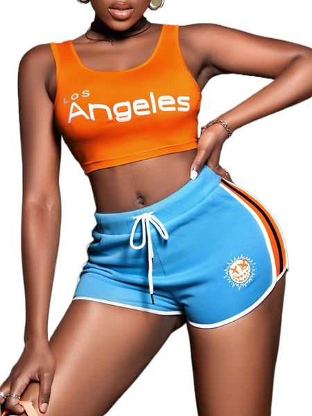 

sxy letter graphic crop tank & expression print drawstring waist shorts p3n2#, White