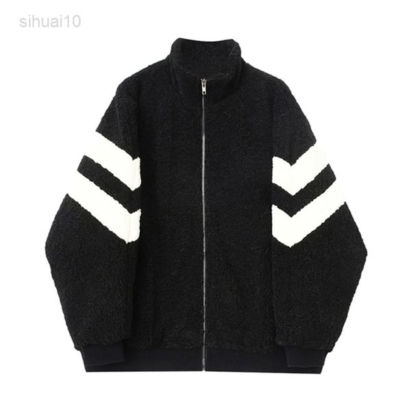

contrasting color casual lamb wool jacket women winter black white pure color korean loose casual thick cotton lined clothing tij l220725