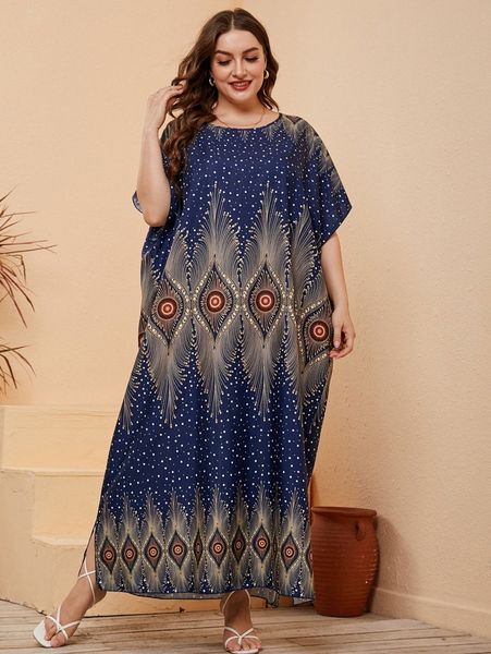 

plus polka dot print batwing sleeve maxi dress e86w#, Black