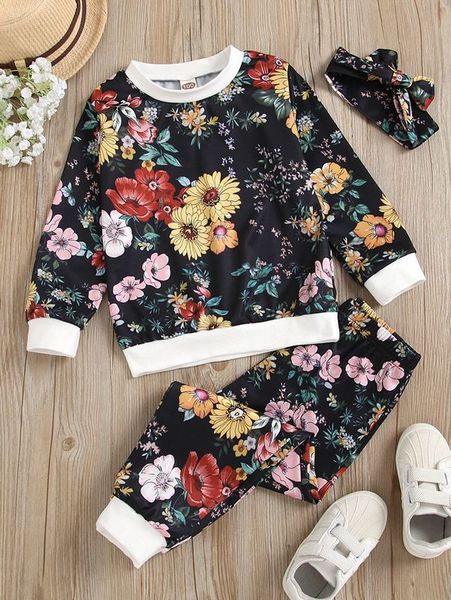 

toddler girls floral print pullover & sweatpants & headband she, White