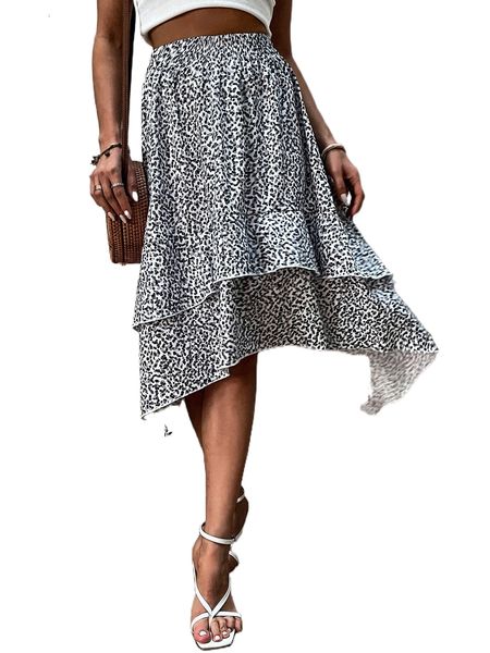 

allover print ruffle hem skirt c45c#, Black