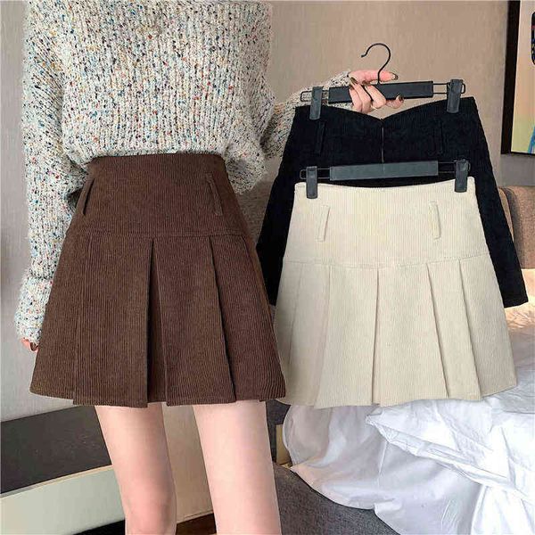 

men's skirt houzhou vintage corduroy pleated skirt women korean style kawaii patchwork casual high waist a-line mini skirts autumn wint, Black