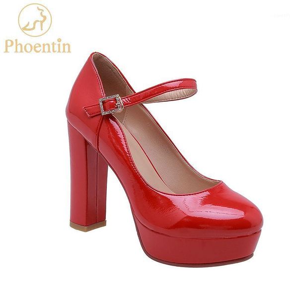

dress shoes phoentin 2022 red platform high heels patent leather buckle strap wedding round toe pumps woman plus size ft714, Black