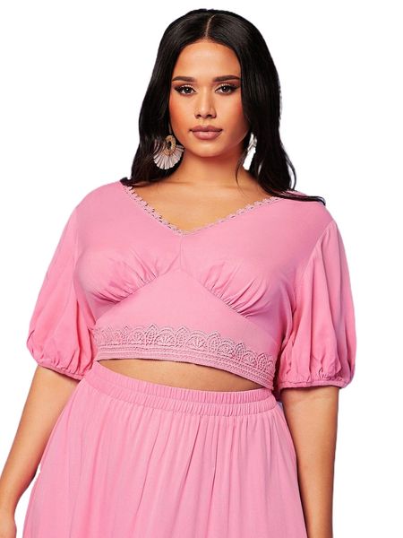 

plus lace trim ruched bust crop blouse d1ps#, Black