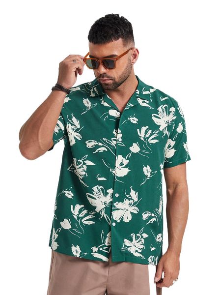 

extended sizes men floral print shirt f8v4#, White;black