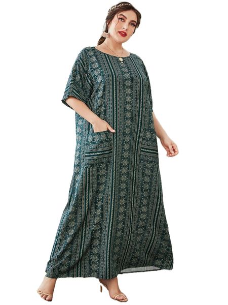 

plus paisley & mandala print patched pocket dolman sleeve tunic dress c561#, Black