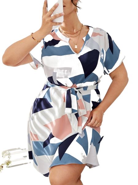 

plus allover print notched collar belted dress q1je#, Black