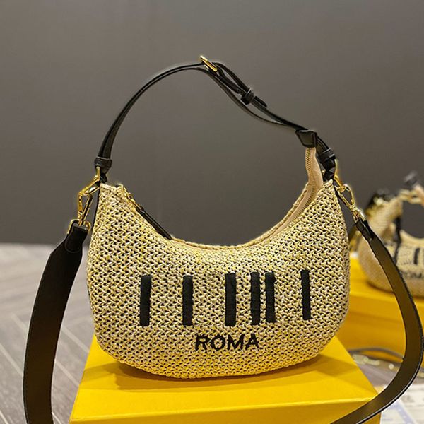 

new half moon straw bag tote purse designer axillary bags women woven shoulder handbags bottom metal letter removable shoulder strap zipper