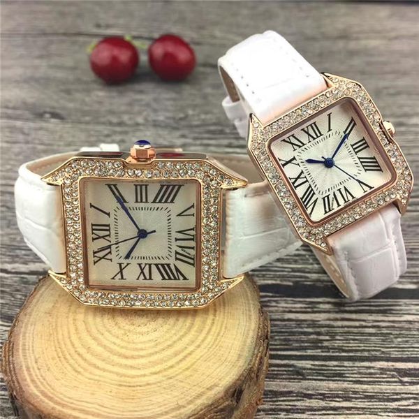 

mens watch quartz movement women watch casual lover couple wristwatch leather strap with diamond case iced out waterproof anal232s, Slivery;brown