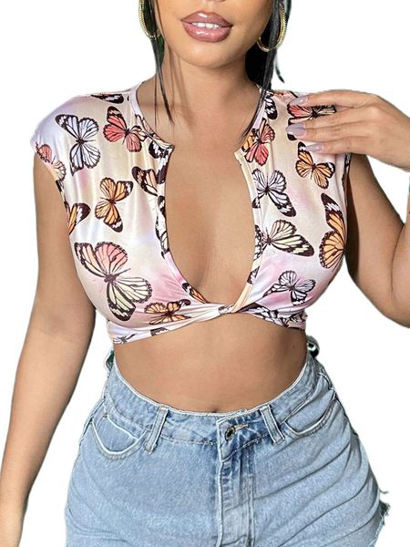 

sxy butterfly print tie dye twist crop i9gl#, White