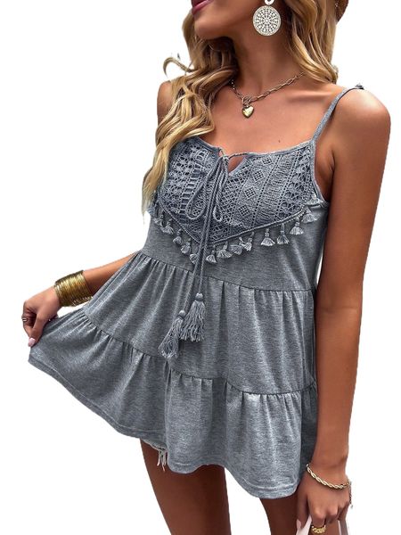 

tassel trim contrast lace peplum cami 07vi#, White