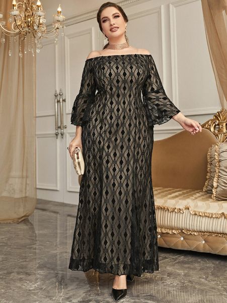 

plus argyle pattern off shoulder trumpet sleeve lace dress i1gq#, Black