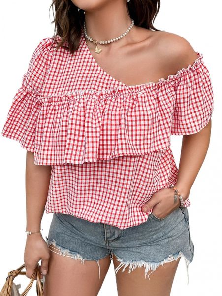 

plus gingham asymmetrical neck ruffle trim blouse d6zl#, Black