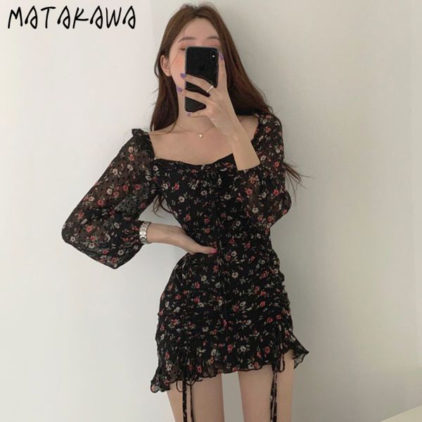 

korea chi fashion sweet vestido floral square neck femme robe tie drawstring slim waist short ruffled dress for women 210506, Black;gray