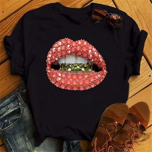 

fashion lips print women t shirt casual short sleeve o neck loose ladies tee clothes camisetas mujer, White