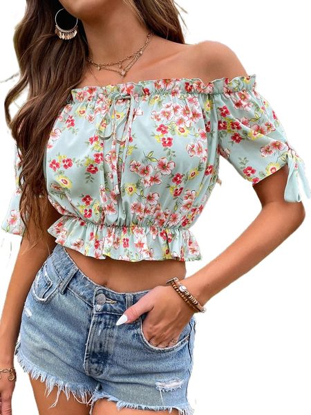 

floral tie front ruffle trim off shoulder blouse 49le#, White