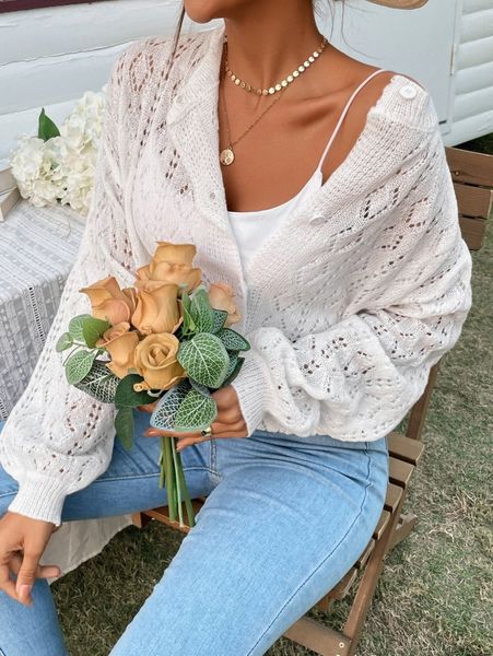 

pointelle knit drop shoulder cardigan b5qm#, White;black