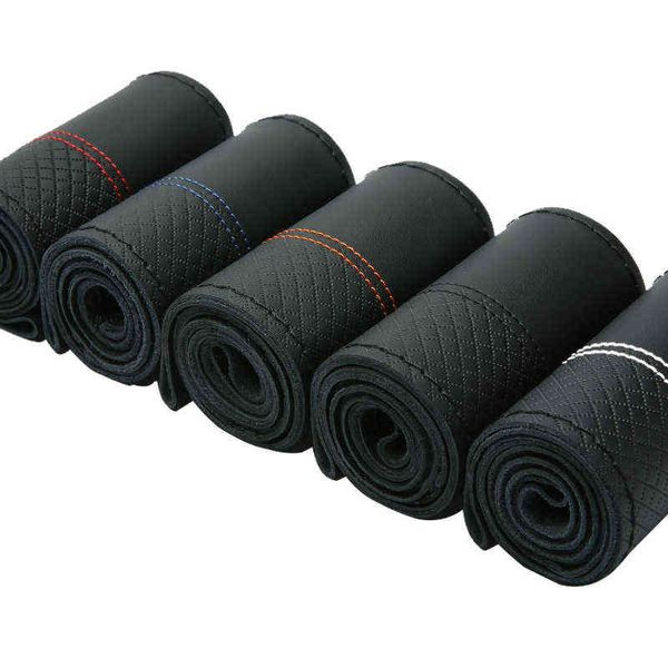 

1pc genuine leather car steering wheel cover diy braid case & needles thread fit for 38cm diameter breathable design y220422