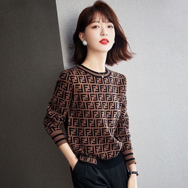 

designer letter jacquard design sense of minority temperament aging double f backing sweater women's inner long sleeve 2022, White