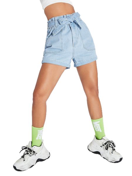 

belted paperbag waist roll up hem denim shorts 84fi#, White;black