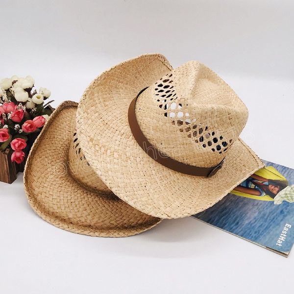 

raffia straw western cowboy hat for men women summer hollow-out beach sun hat cowgirl jazz cap sombrero hombre, Blue;gray