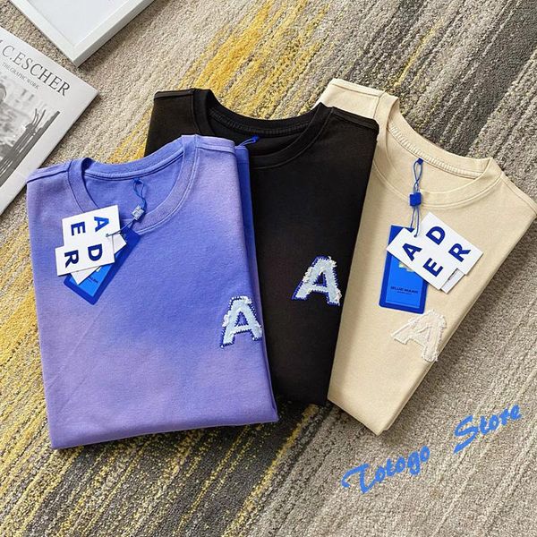 Camisetas Masculinas Homens Mulheres Casais Casual A Logo Bordado Adererror Camiseta Tecido Pesado Preto Damasco Roxo ADER ERROR TEE Moda Camiseta Solta