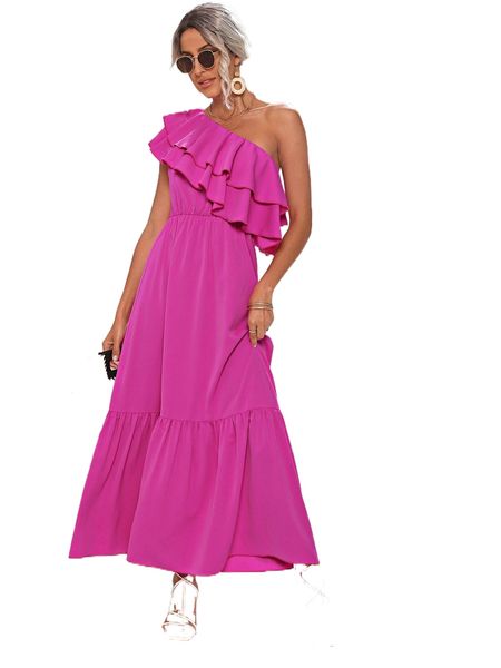 

one shoulder ruffle trim dress w64s#, Black;gray