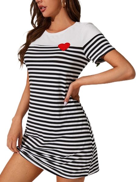 

tall striped heart embroidery tee dress u17e#, Black;gray