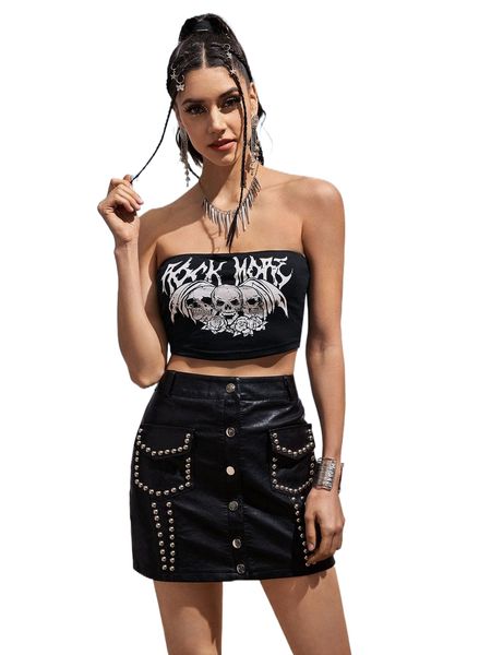

skull & letter graphic crop tube l7ce#, White