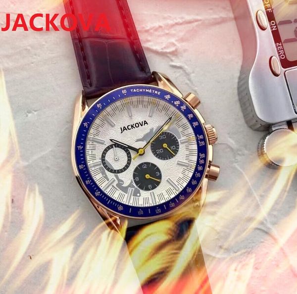 Luxury Mens Six Stiches Fashion 43mm Orologi Movimento al quarzo Cinturino in pelle da uomo in acciaio inossidabile fine pieno Orologi da polso da uomo Tutti i sub quadranti Orologio da lavoro di design