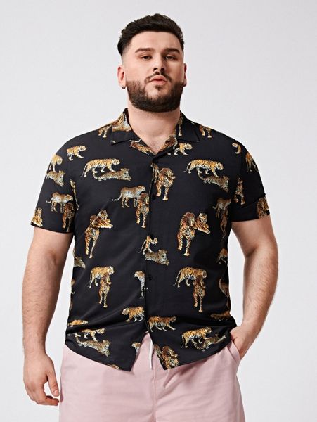 

extended sizes men leopard and tiger print shirt 96yi#, White;black
