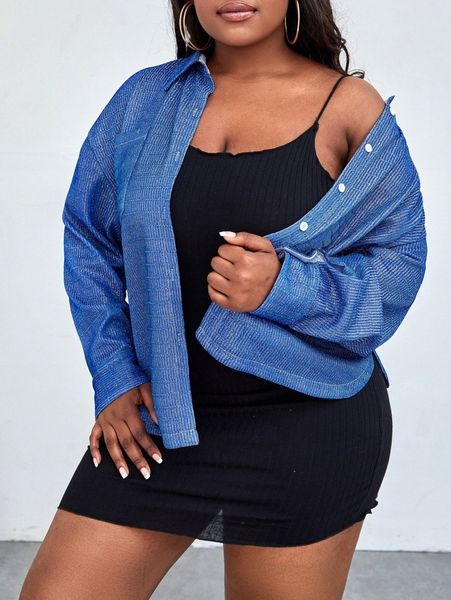 

plus button front pocket detail blouse z2pu#, Black