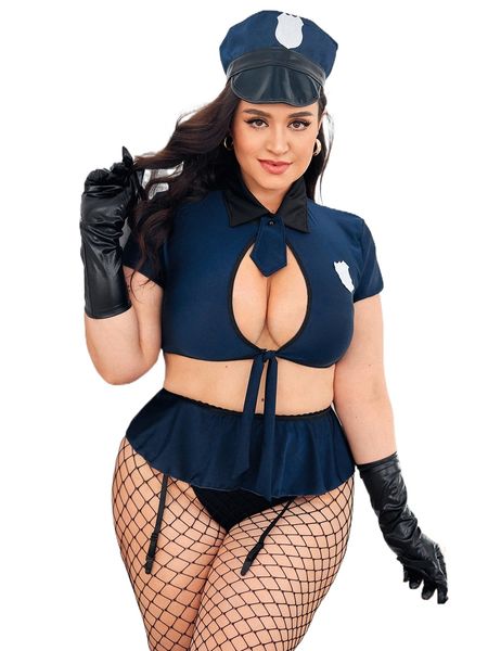 

plus 4pack patch detail ruffle trim cop costume set 90ml#, Black;white